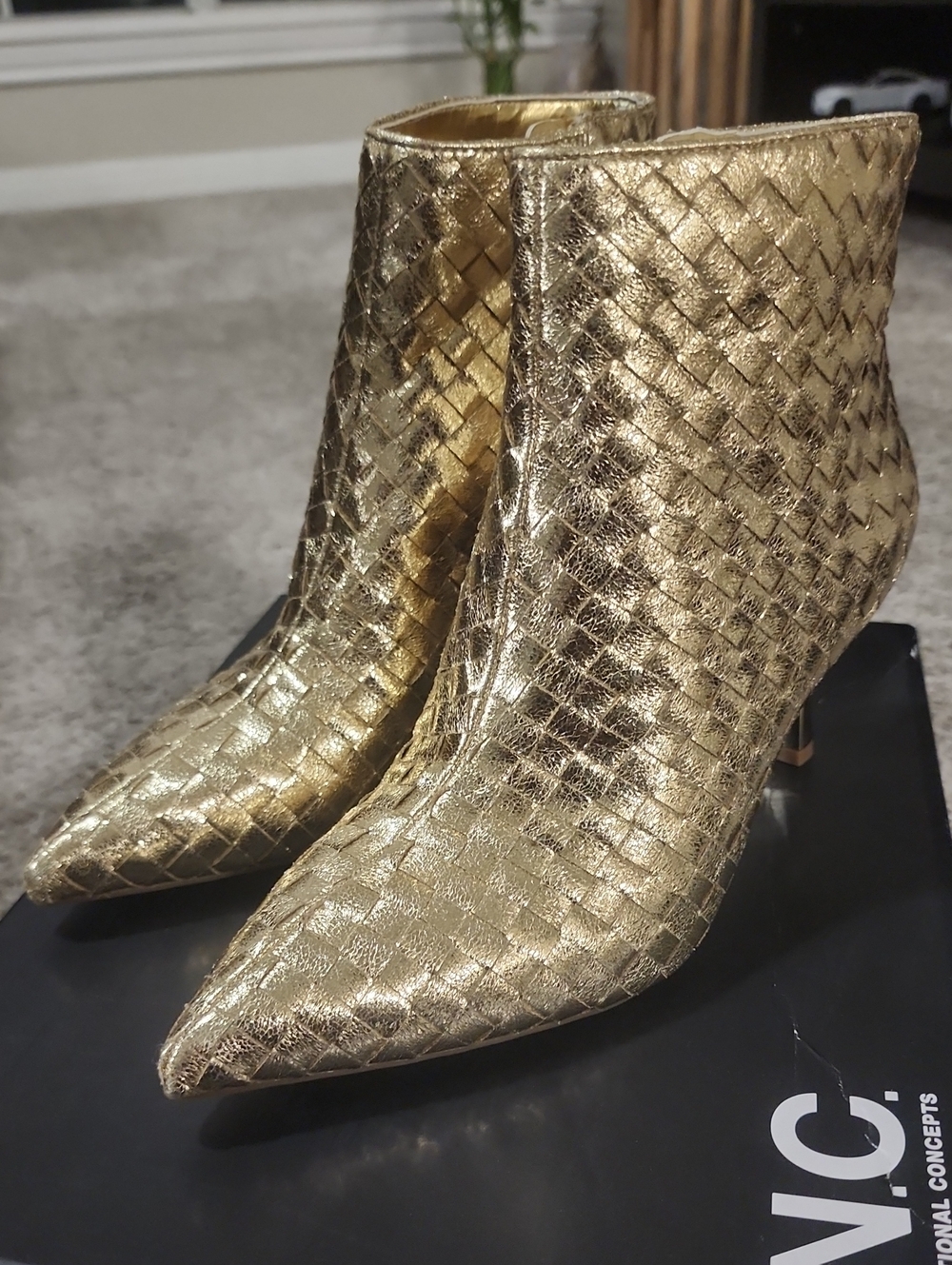 INC International Concepts Metallic Gold Woven Pointed Ankle Boots